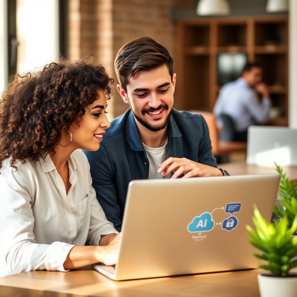 Dos jóvenes profesionales comentan un flujo de automatización con IA en un coworking de Barcelona.