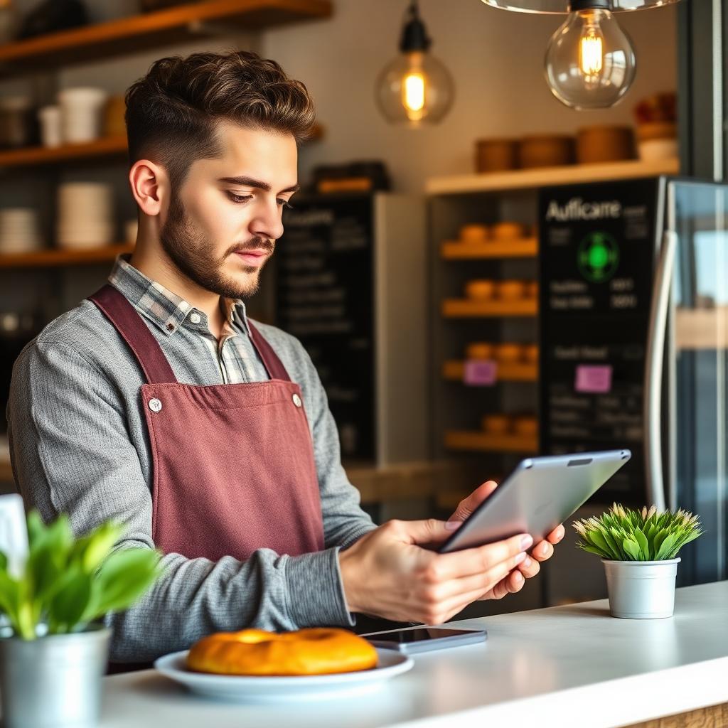 Dueño de una pequeña panadería revisa un panel de automatización en tablet.